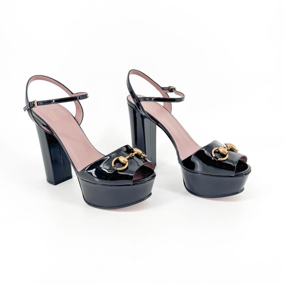 Gucci Claudie Horsebit Platform Heels Black Patent Leather Size 38 US 8 Sandals - Picture 1 of 13